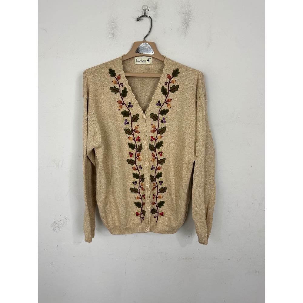 Tulchan Vintage Beige Cotton Embroidered Floral Cardigan Sweater Womens Large L